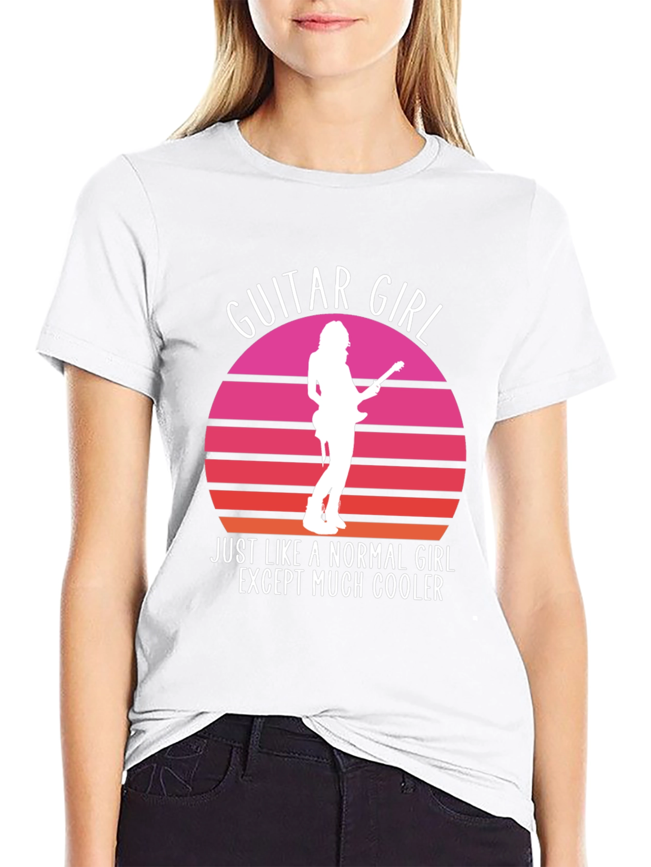 Guitar Girl Cool Retro Sunset T-Shirt