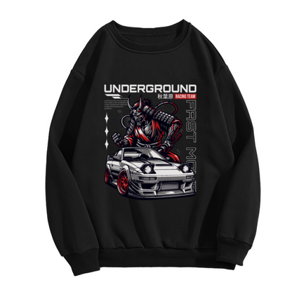 Underground Racing Team Sweatshirt | Samurai Demon Sports Car Graphic Crewneck, JDM Street Racing Pullover Top, Car Enthusiast Gift for Men Women