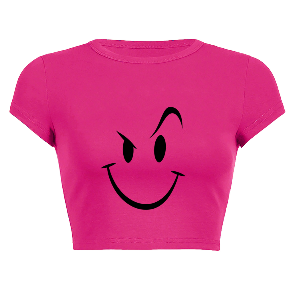 Mischievous Wink Smiley Face Hot Pink Crop Tee