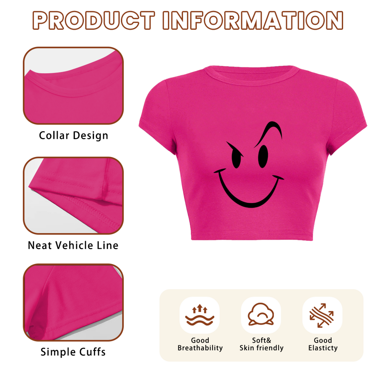 Mischievous Wink Smiley Face Hot Pink Crop Tee