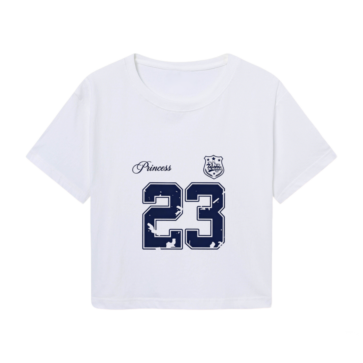 Preppy White Varsity Crop Tee With Distressed Princess Number 23 Graphic