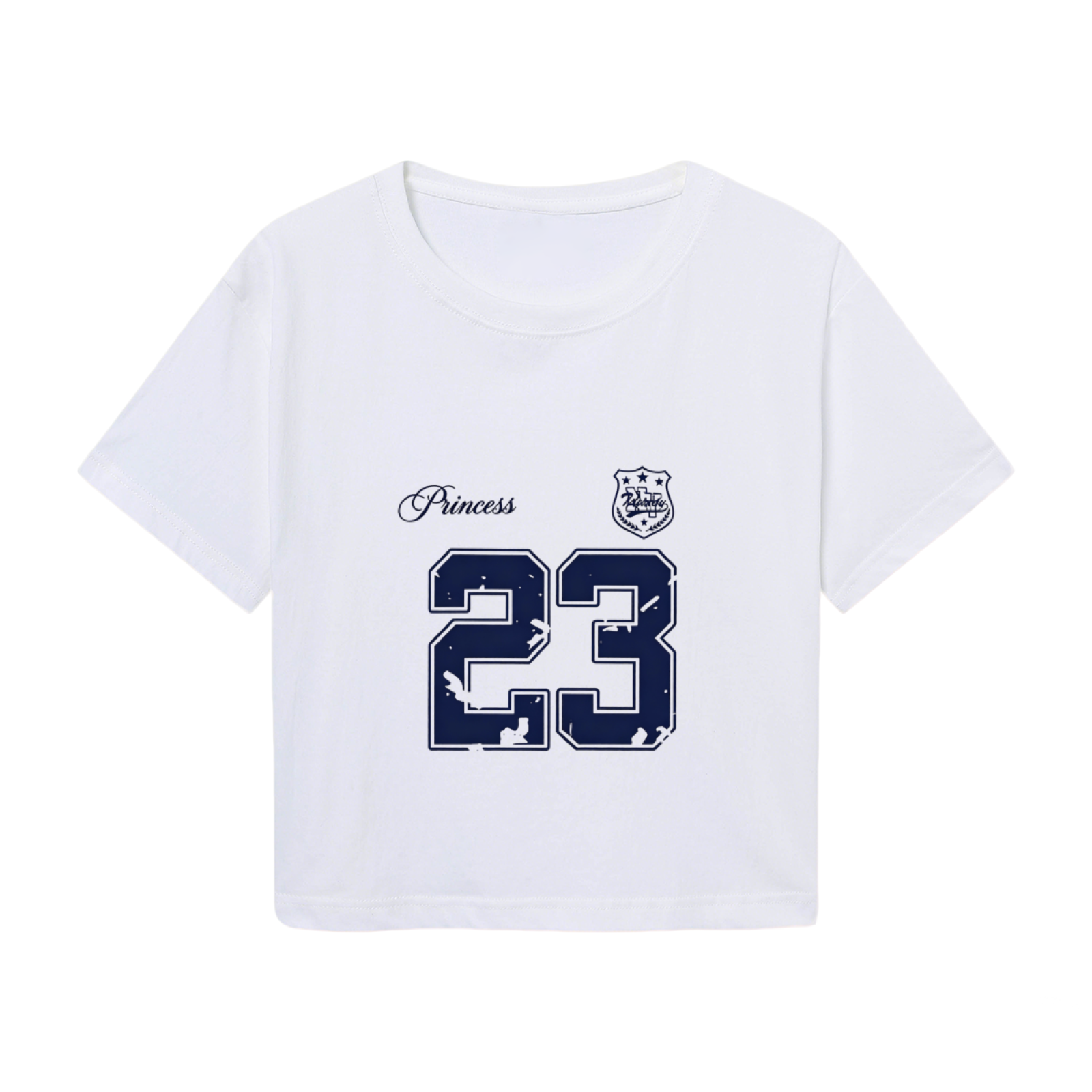 Preppy White Varsity Crop Tee With Distressed Princess Number 23 Graphic