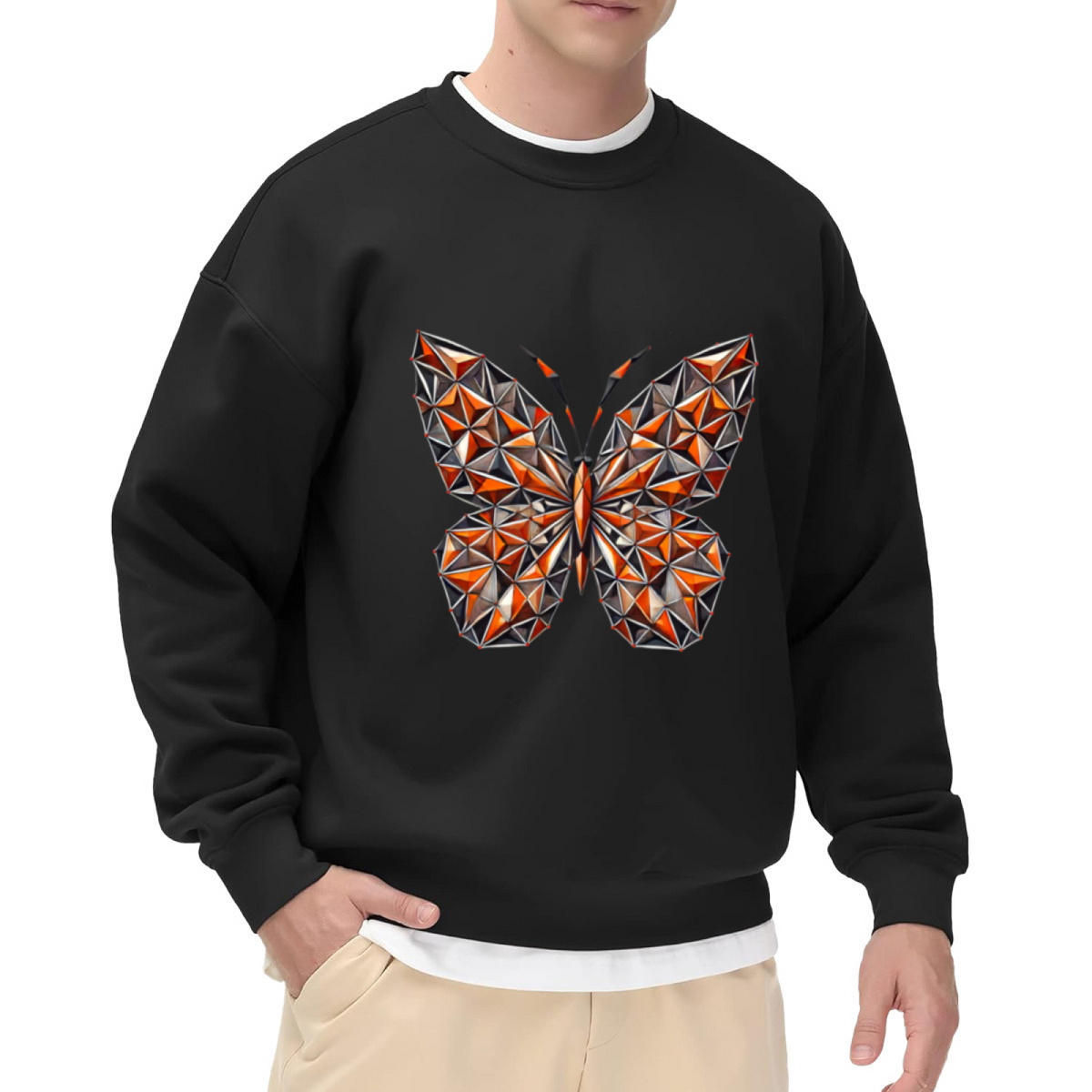 Geometric Crystal Butterfly Crewneck Sweatshirt, Low Poly Faceted Gem Insect Graphic Pullover, Modern Abstract Art Casual Wear