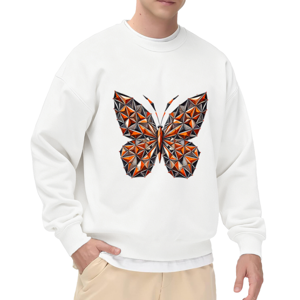 Geometric Crystal Butterfly Crewneck Sweatshirt, Low Poly Faceted Gem Insect Graphic Pullover, Modern Abstract Art Casual Wear