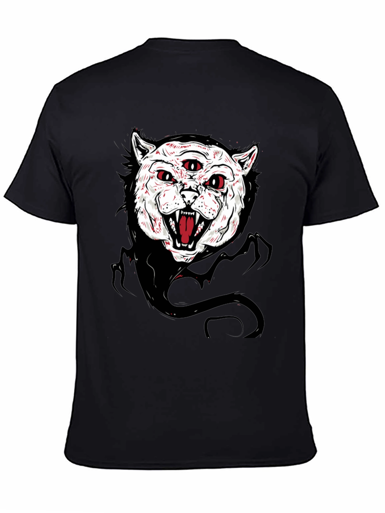Mens Black T-Shirt with Three-Eyed Cat Graphic