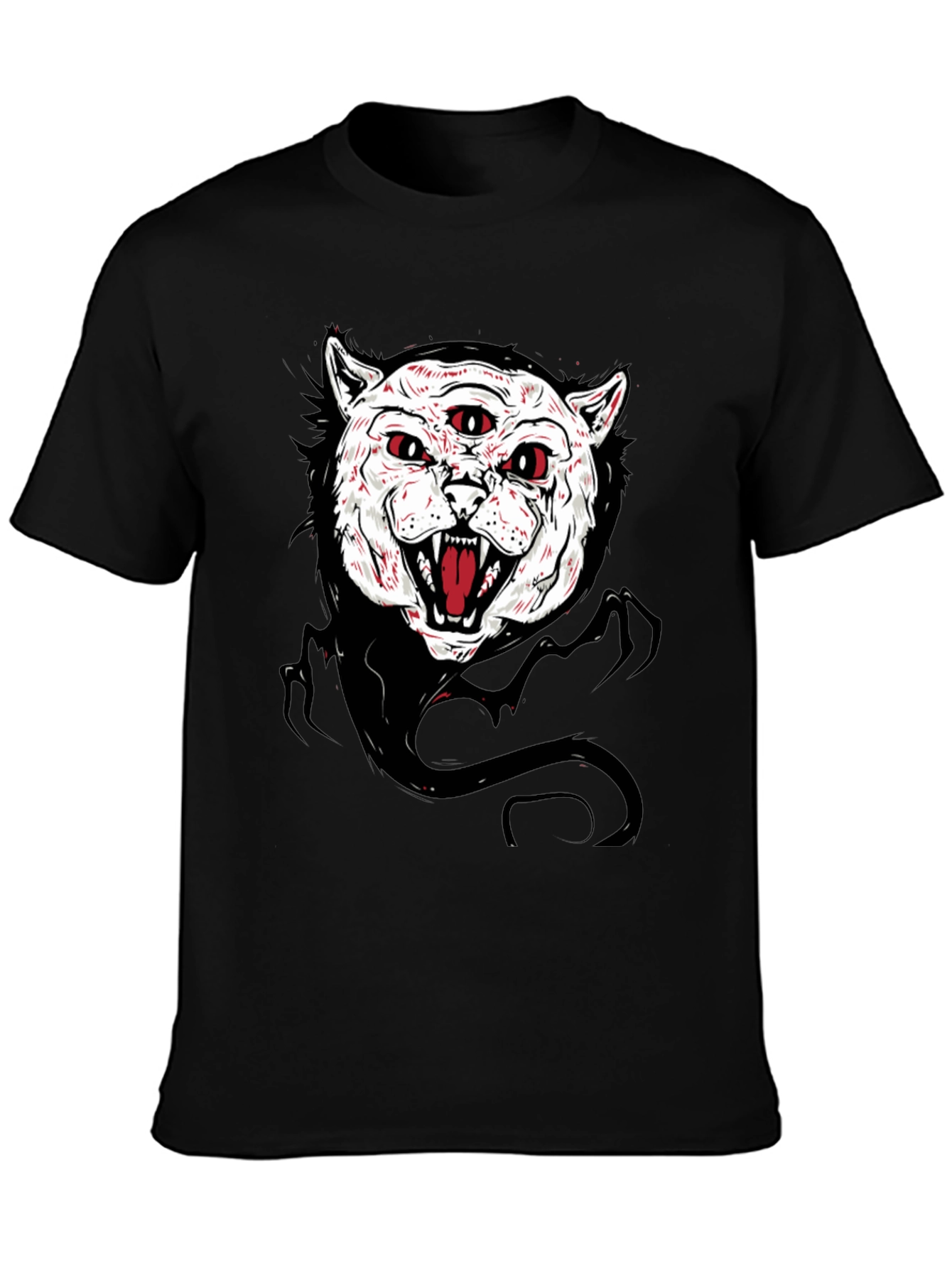 Mens Black T-Shirt with Three-Eyed Cat Graphic