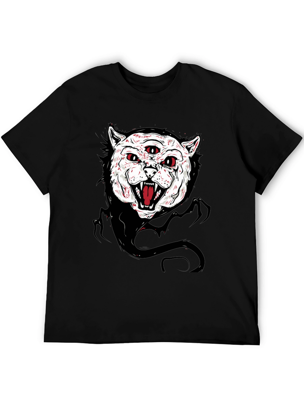 Mens Black T-Shirt with Three-Eyed Cat Graphic
