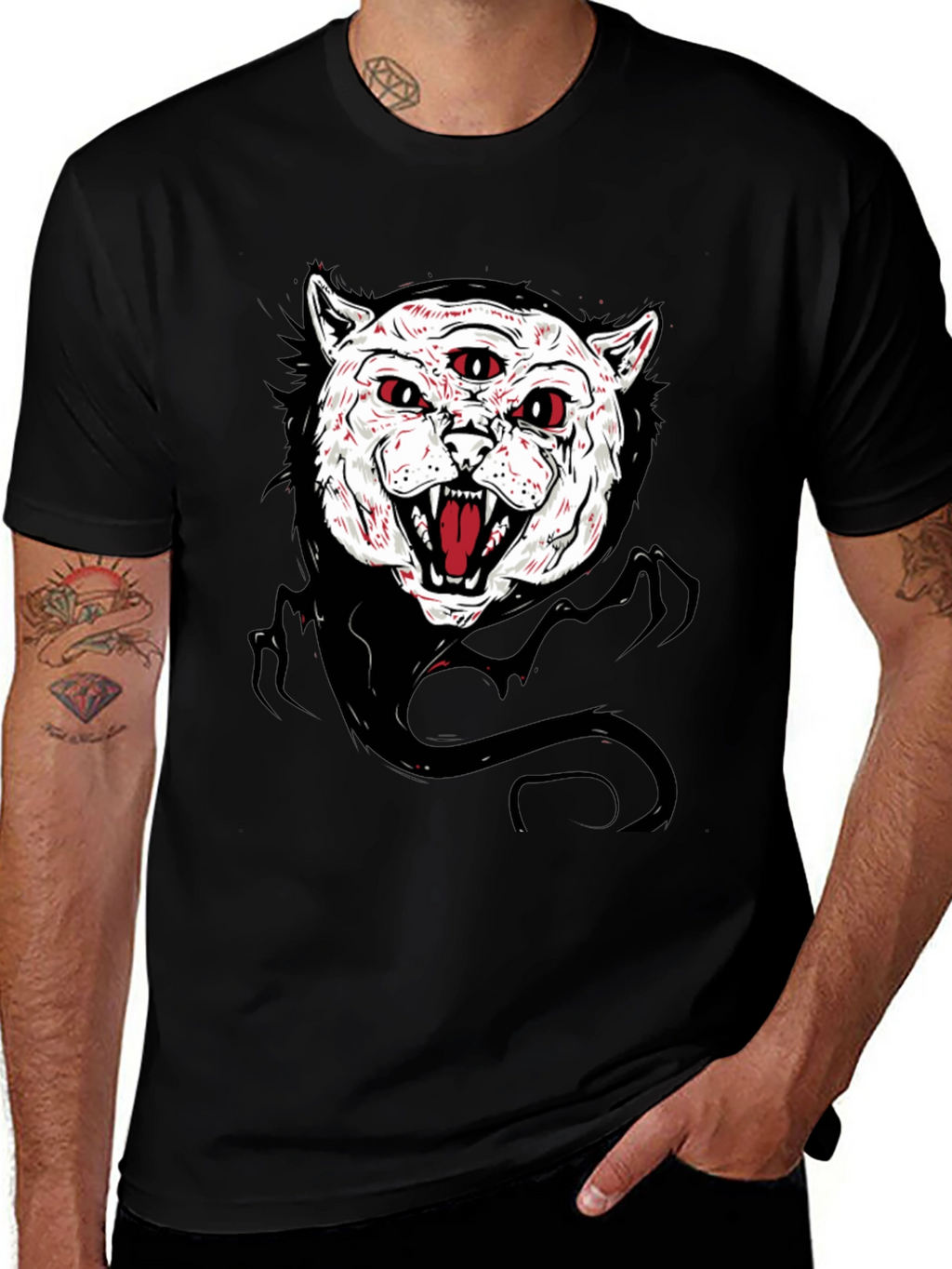 Mens Black T-Shirt with Three-Eyed Cat Graphic