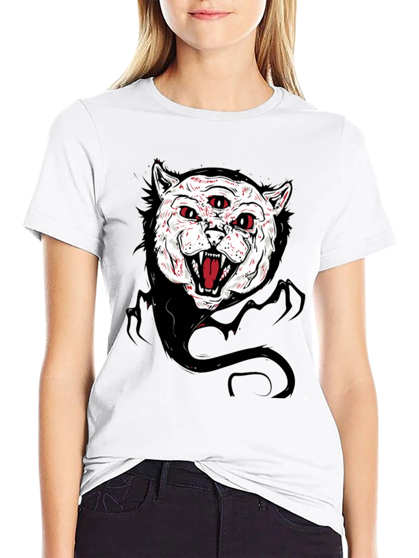 Mens Black T-Shirt with Three-Eyed Cat Graphic