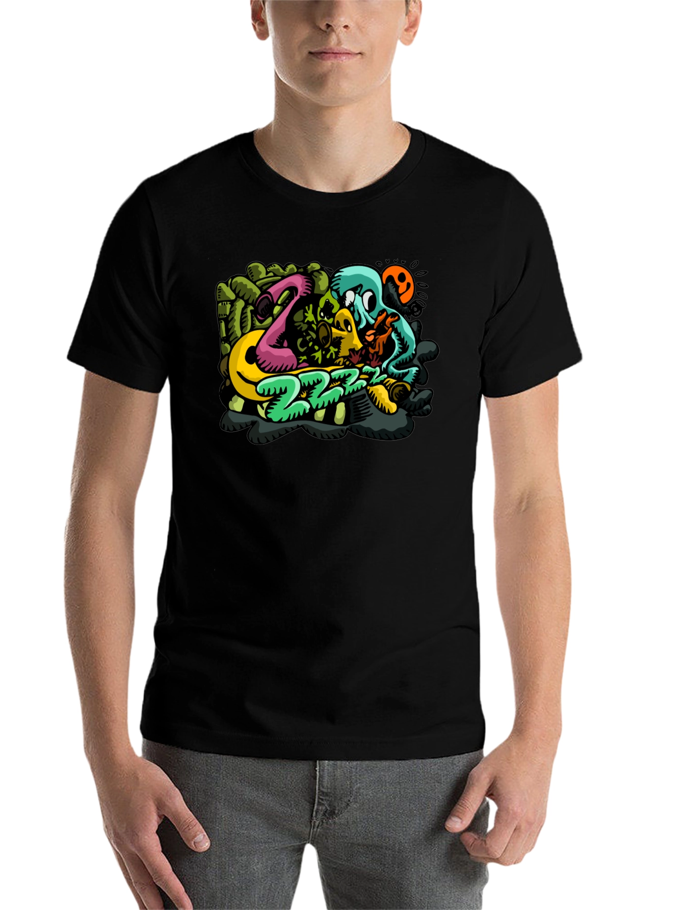 Mens Black T-Shirt with Cartoon Graphic