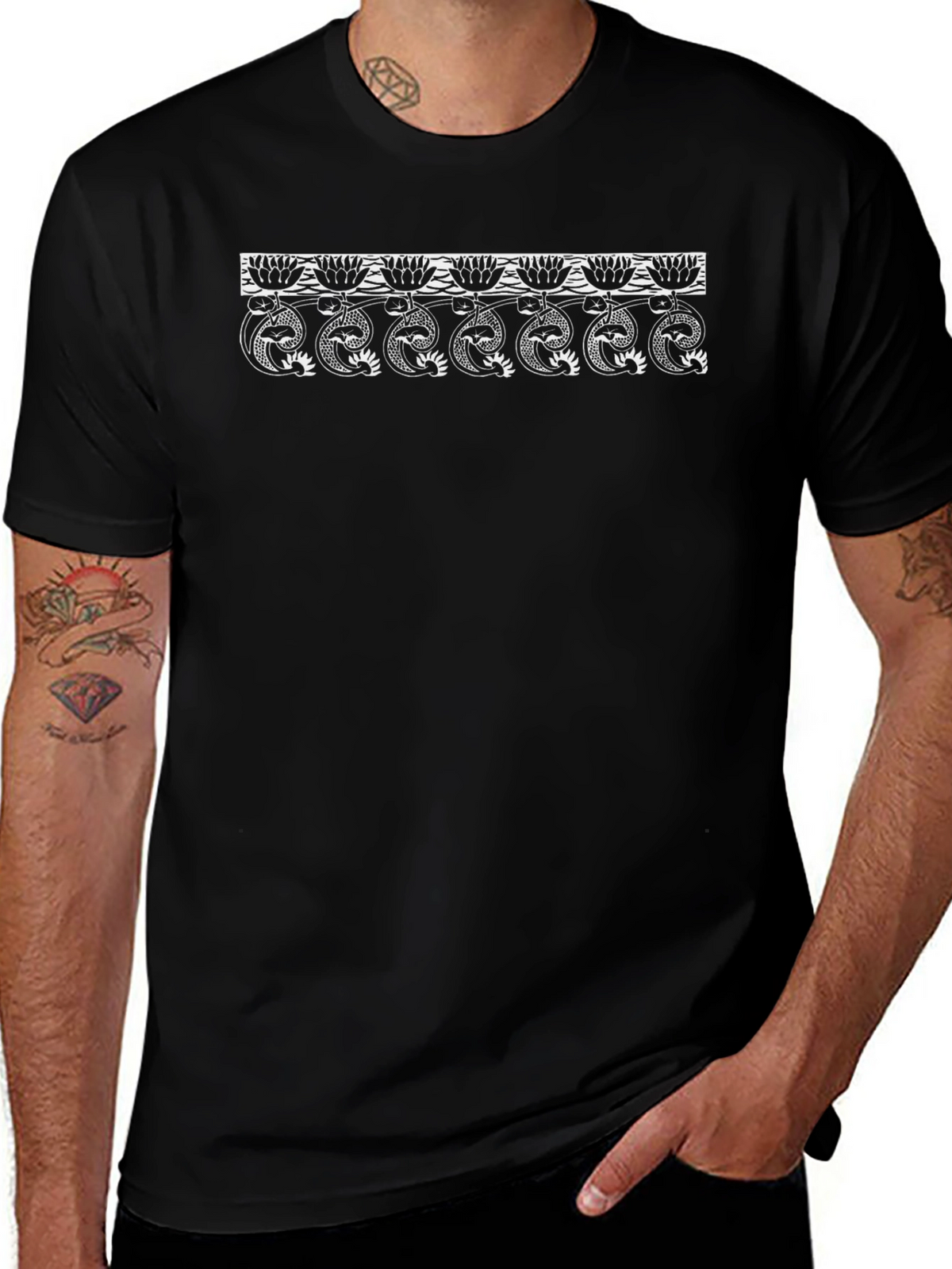 Black T-Shirt with Lotus Snake Design