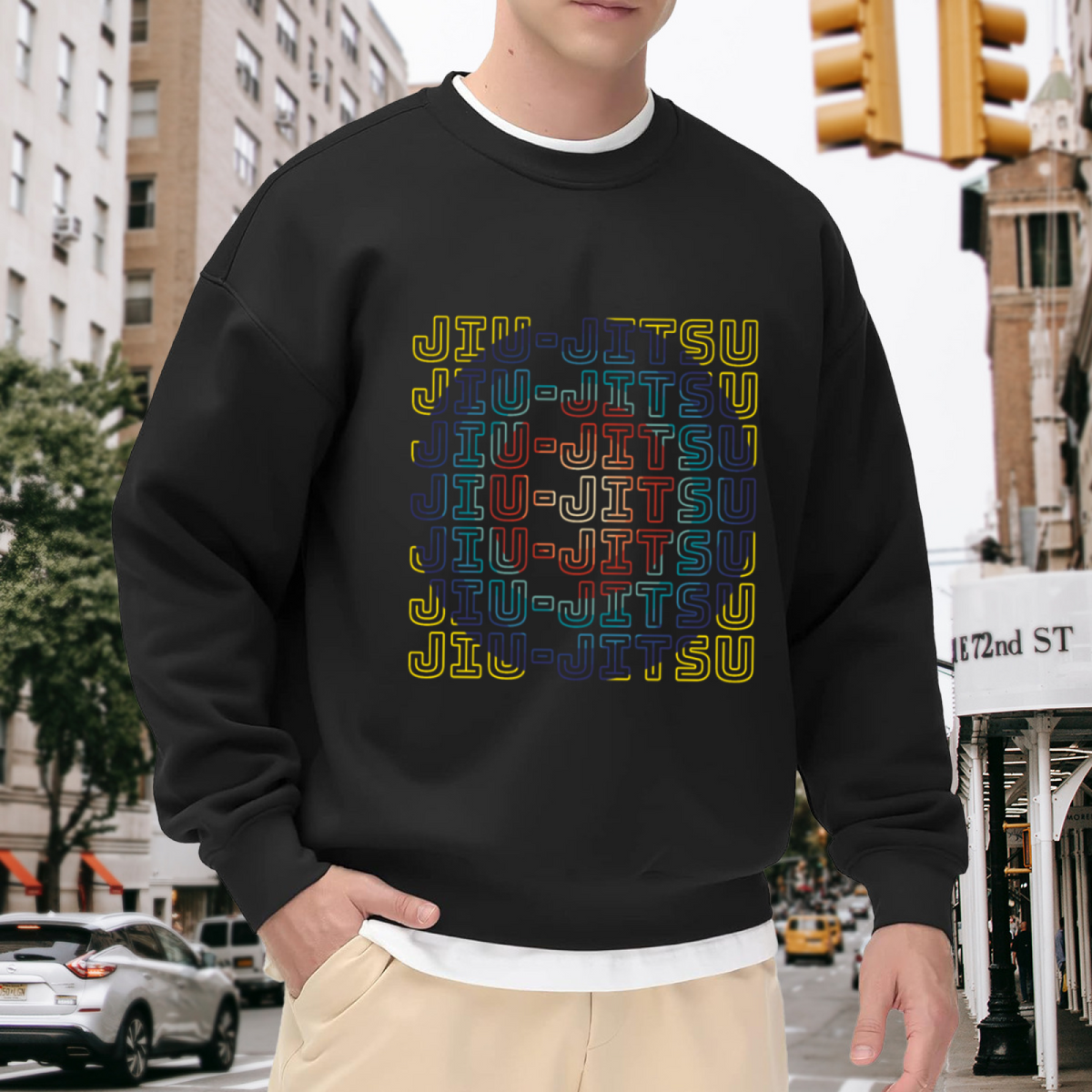 Jiu-Jitsu Repeated Gradient Crewneck Sweatshirt | BJJ Martial Arts Pullover, Retro Neon Outline Lettering Top, Jiu Jitsu Fighter Gift