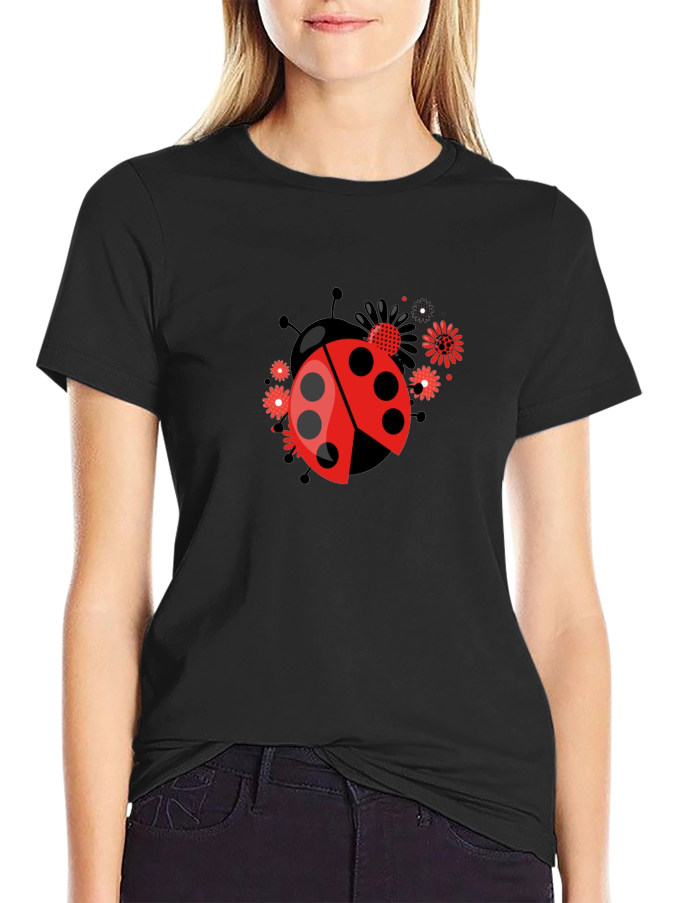 Ladybug Flower Graphic Tee - Black