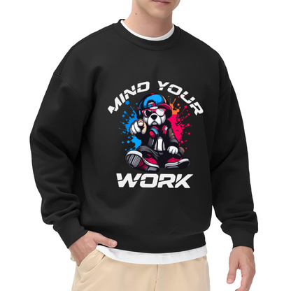 Mind Your Work Cool Bulldog Crewneck Sweatshirt | Streetwear Cartoon Dog Pullover, Graffiti Hip Hop Graphic Top, Funny Gift