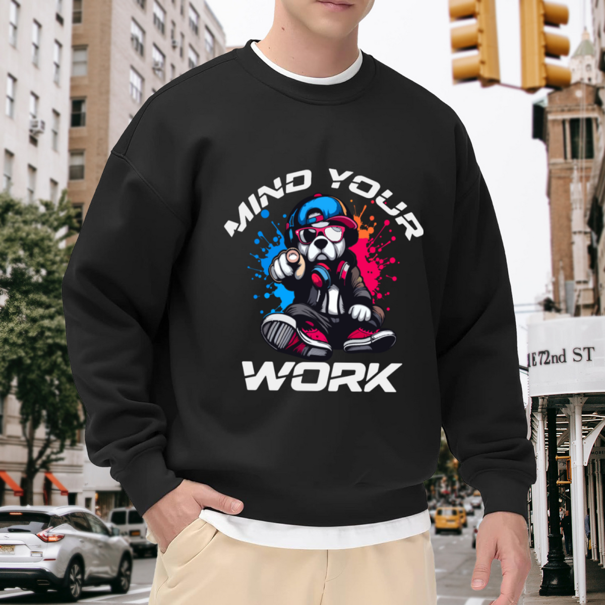 Mind Your Work Cool Bulldog Crewneck Sweatshirt | Streetwear Cartoon Dog Pullover, Graffiti Hip Hop Graphic Top, Funny Gift
