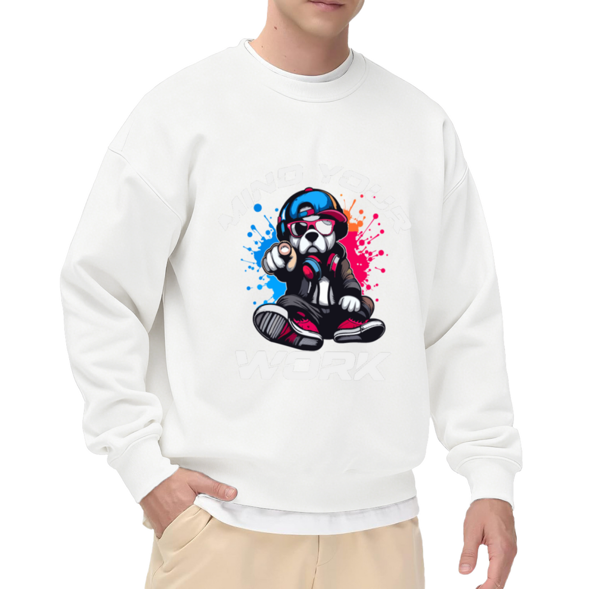 Mind Your Work Cool Bulldog Crewneck Sweatshirt | Streetwear Cartoon Dog Pullover, Graffiti Hip Hop Graphic Top, Funny Gift