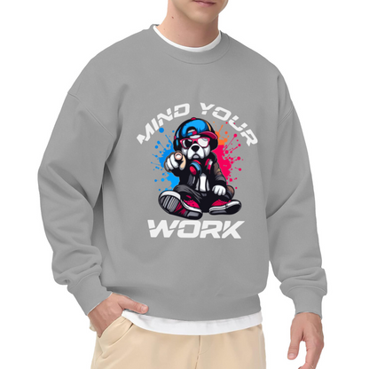 Mind Your Work Cool Bulldog Crewneck Sweatshirt | Streetwear Cartoon Dog Pullover, Graffiti Hip Hop Graphic Top, Funny Gift