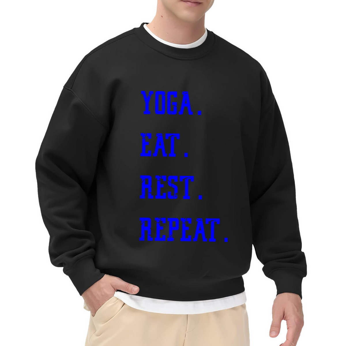 Yoga Eat Rest Repeat Crewneck Sweatshirt | Funny Yoga Lover Pullover, Distressed Lettering Graphic Top, Fitness Gift