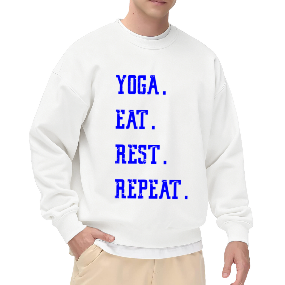Yoga Eat Rest Repeat Crewneck Sweatshirt | Funny Yoga Lover Pullover, Distressed Lettering Graphic Top, Fitness Gift