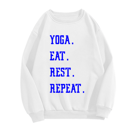 Yoga Eat Rest Repeat Crewneck Sweatshirt | Funny Yoga Lover Pullover, Distressed Lettering Graphic Top, Fitness Gift