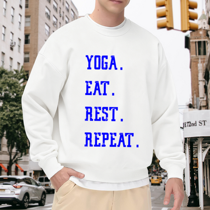 Yoga Eat Rest Repeat Crewneck Sweatshirt | Funny Yoga Lover Pullover, Distressed Lettering Graphic Top, Fitness Gift