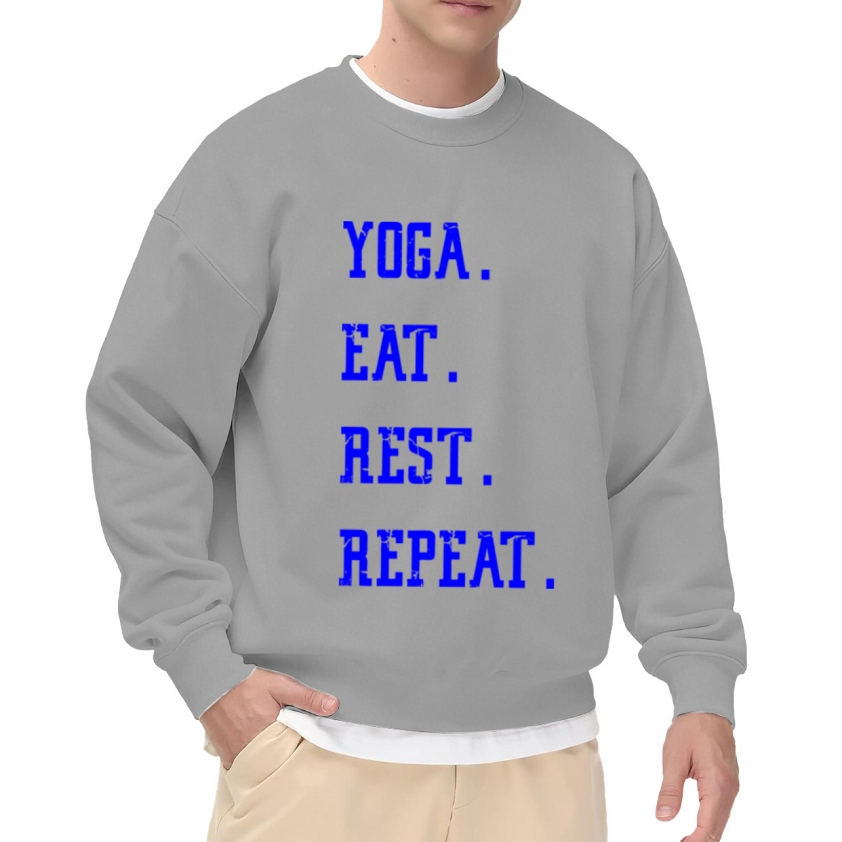 Yoga Eat Rest Repeat Crewneck Sweatshirt | Funny Yoga Lover Pullover, Distressed Lettering Graphic Top, Fitness Gift