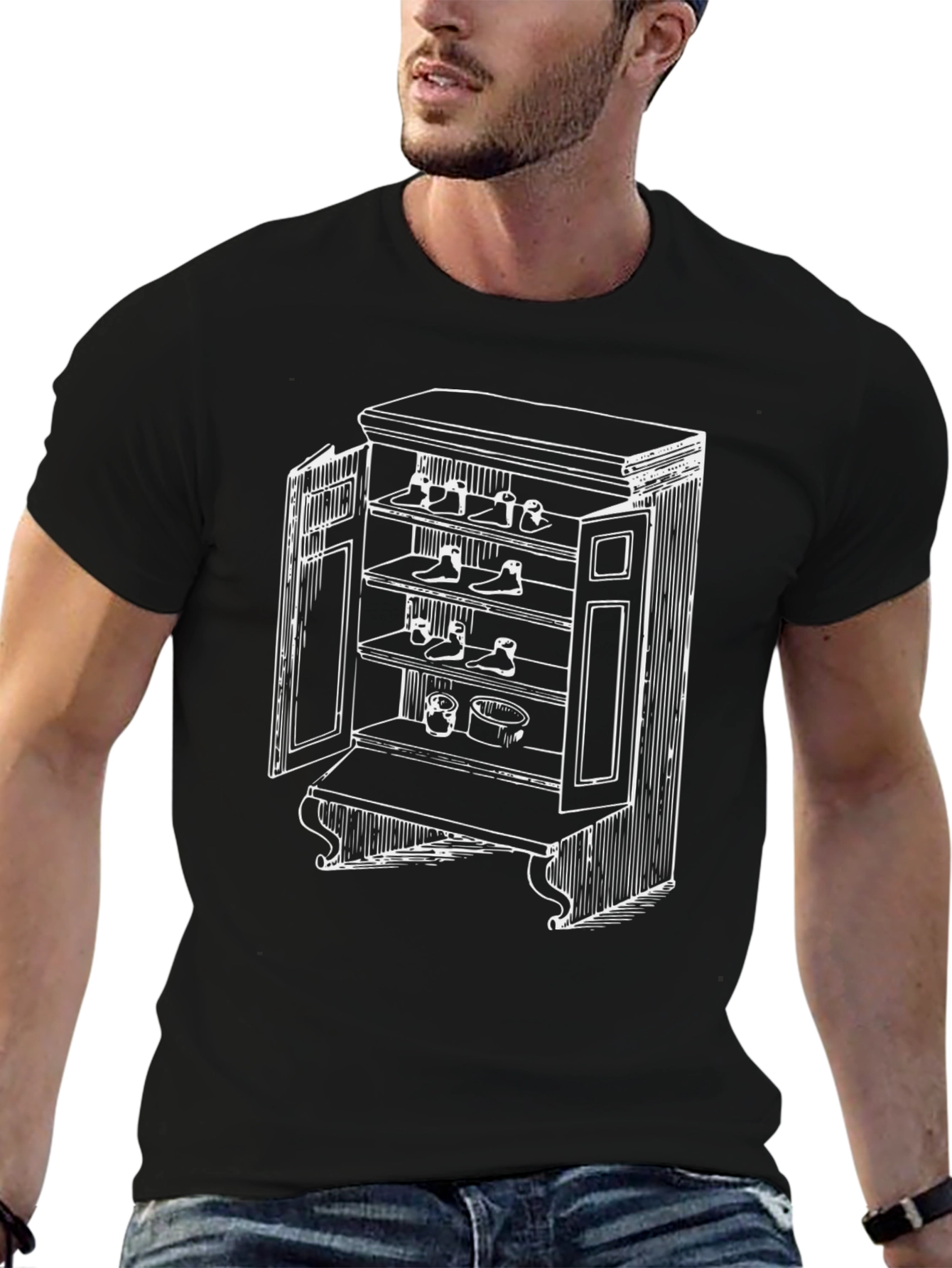 Black T-Shirt with Novelty Shoe Cupboard Design