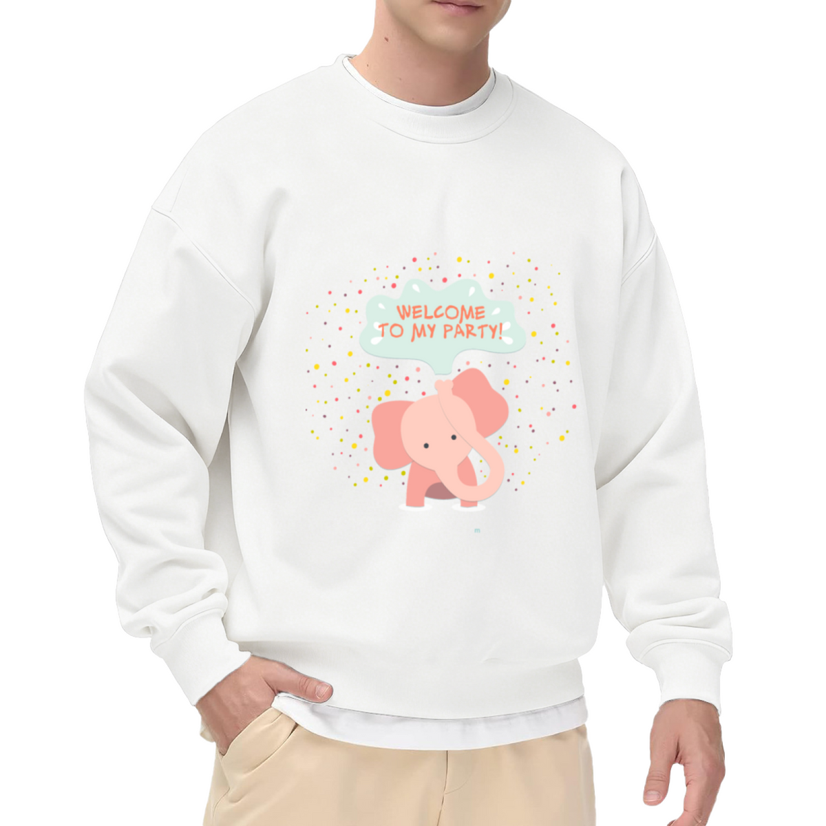 Welcome To My Party Elephant Crewneck Sweatshirt | Cute Confetti Party Animal Pullover, Pastel Cartoon Graphic Top, Birthday Gift