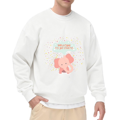 Welcome To My Party Elephant Crewneck Sweatshirt | Cute Confetti Party Animal Pullover, Pastel Cartoon Graphic Top, Birthday Gift