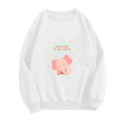 Welcome To My Party Elephant Crewneck Sweatshirt | Cute Confetti Party Animal Pullover, Pastel Cartoon Graphic Top, Birthday Gift