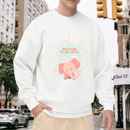 Welcome To My Party Elephant Crewneck Sweatshirt | Cute Confetti Party Animal Pullover, Pastel Cartoon Graphic Top, Birthday Gift