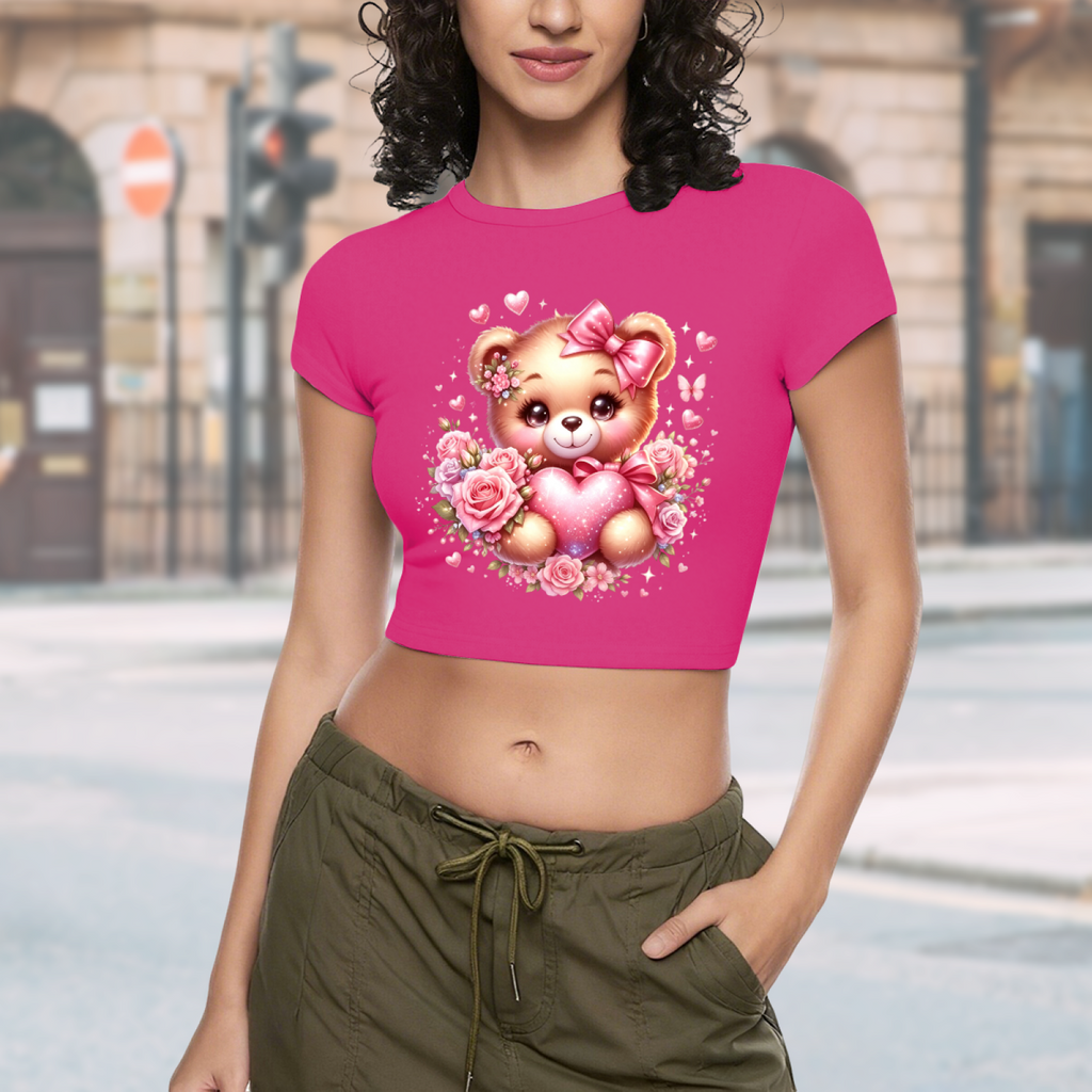 Coquette Pink Cute Teddy Bear Rose Heart Cropped Baby Tee