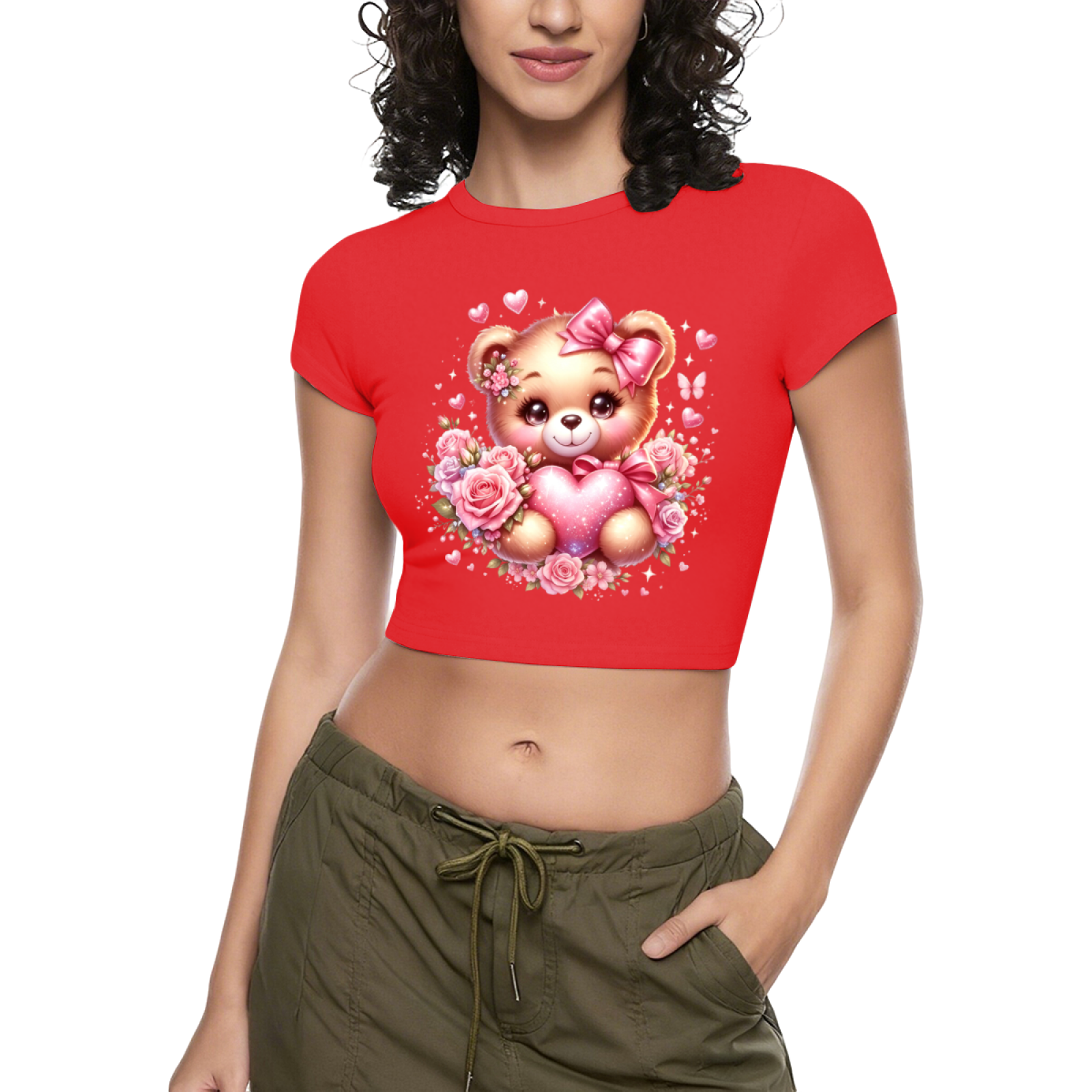 Coquette Pink Cute Teddy Bear Rose Heart Cropped Baby Tee
