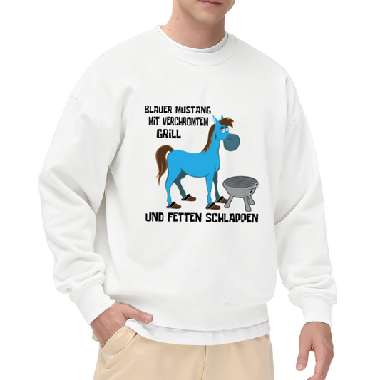 Blue Mustang Cartoon Sweatshirt | Funny Horse Grill Graphic Crewneck, German Text Humor Pullover Top, BBQ Lover Gift for Men Women