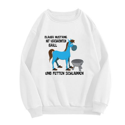 Blue Mustang Cartoon Sweatshirt | Funny Horse Grill Graphic Crewneck, German Text Humor Pullover Top, BBQ Lover Gift for Men Women