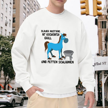 Blue Mustang Cartoon Sweatshirt | Funny Horse Grill Graphic Crewneck, German Text Humor Pullover Top, BBQ Lover Gift for Men Women