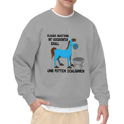 Blue Mustang Cartoon Sweatshirt | Funny Horse Grill Graphic Crewneck, German Text Humor Pullover Top, BBQ Lover Gift for Men Women