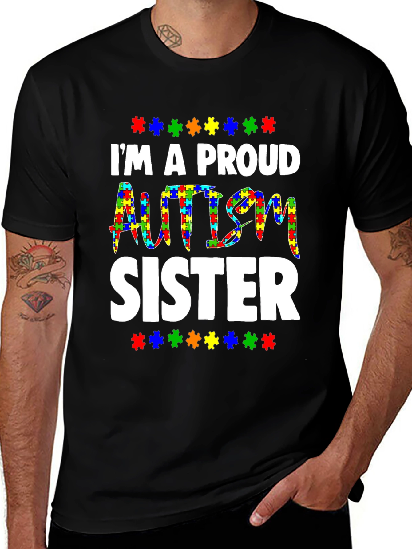 Proud Autism Sister T-Shirt - Puzzle Piece Design