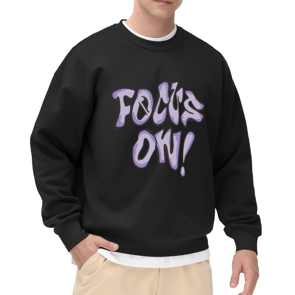 Focus On Graffiti Crewneck Sweatshirt - Bold Purple Street Art Pullover, Hype Streetwear Graphic, Urban Top