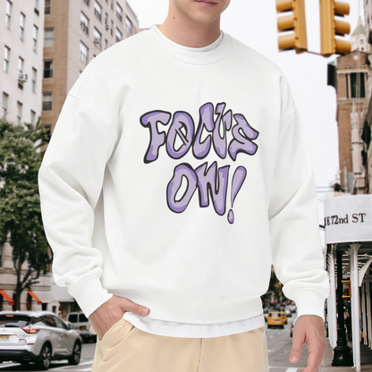 Focus On Graffiti Crewneck Sweatshirt - Bold Purple Street Art Pullover, Hype Streetwear Graphic, Urban Top