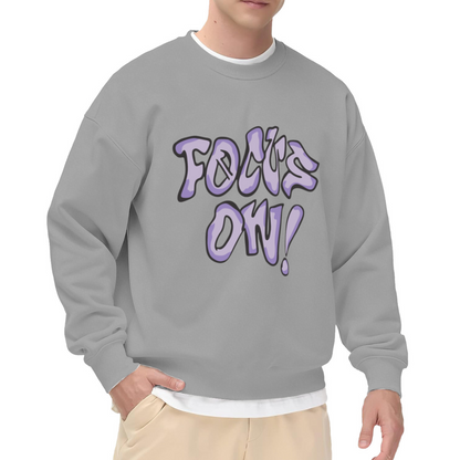 Focus On Graffiti Crewneck Sweatshirt - Bold Purple Street Art Pullover, Hype Streetwear Graphic, Urban Top