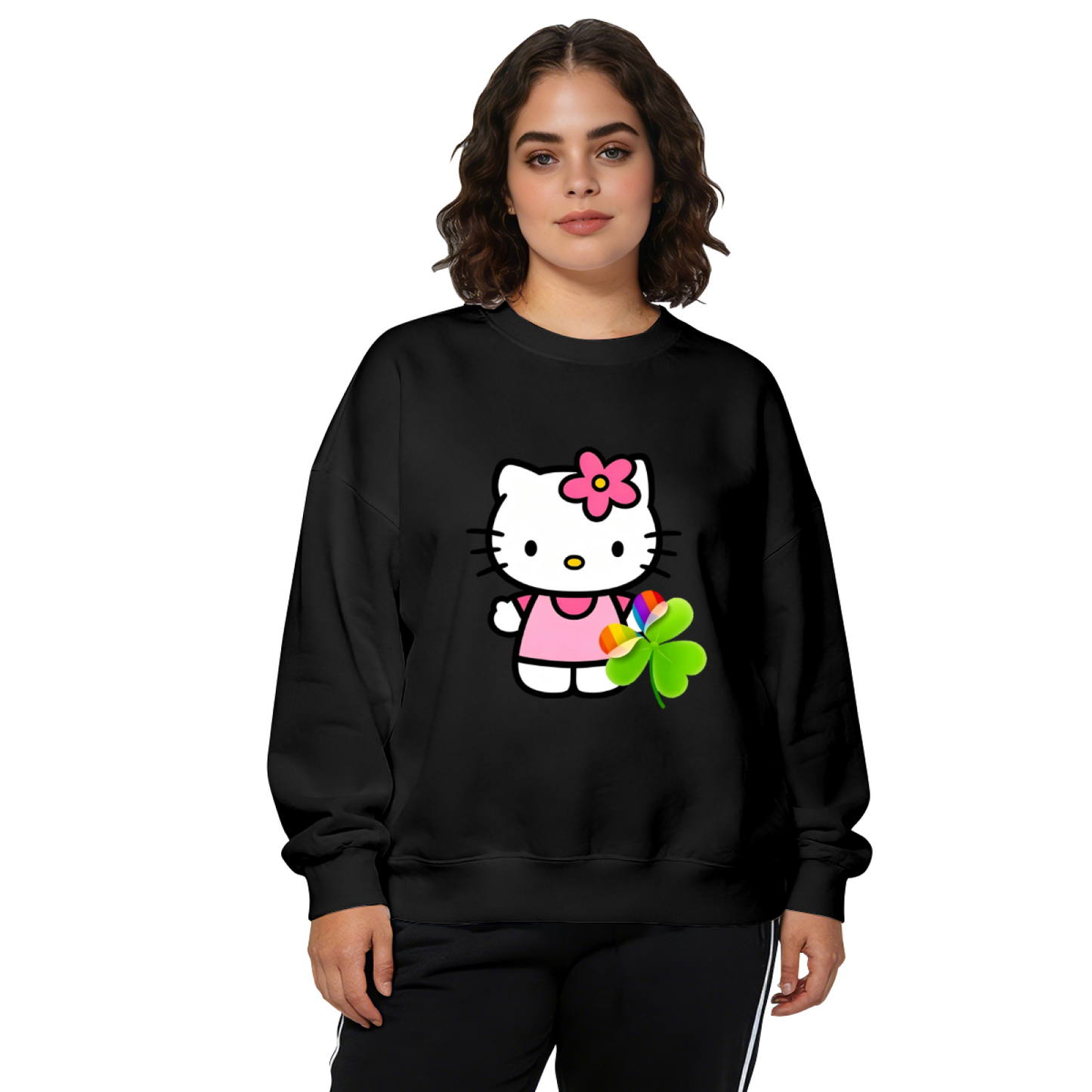 Cute Hello Kitty With Lucky Clover Print Crewneck Sweatshirt