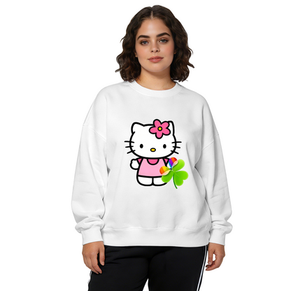 Cute Hello Kitty With Lucky Clover Print Crewneck Sweatshirt