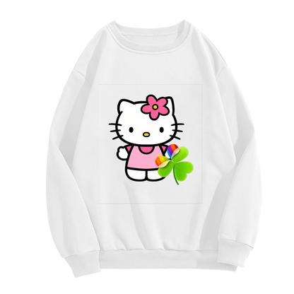 Cute Hello Kitty With Lucky Clover Print Crewneck Sweatshirt