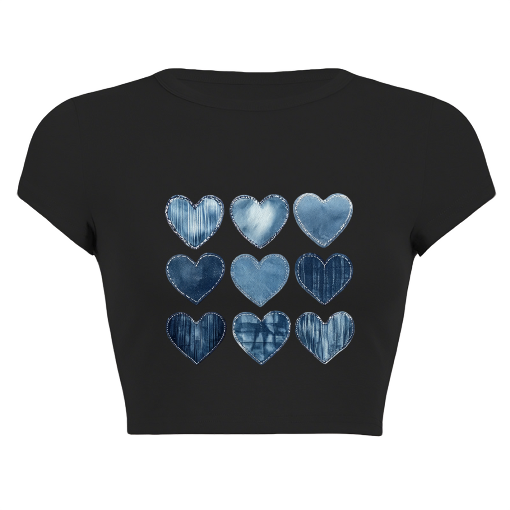 Vintage Denim Patchwork Hearts Black Crop Top