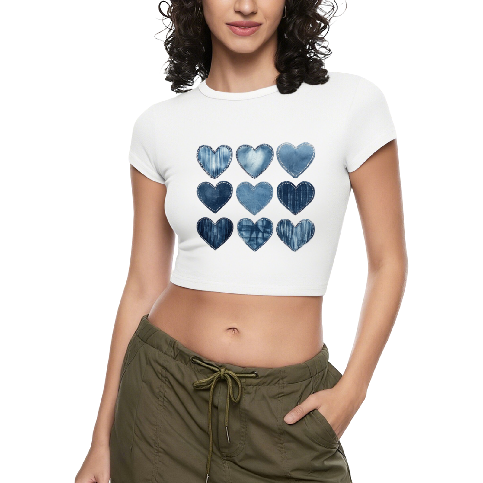 Vintage Denim Patchwork Hearts Black Crop Top
