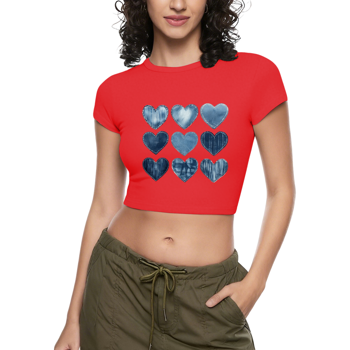 Vintage Denim Patchwork Hearts Black Crop Top