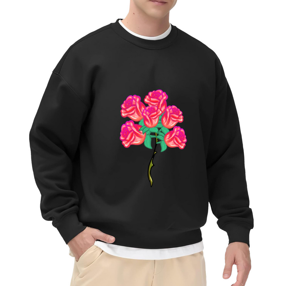 Pink Rose Bouquet Crewneck Sweatshirt | Vintage Floral Flower Pullover, Cartoon Rose Stem Graphic Top, Romantic Gift