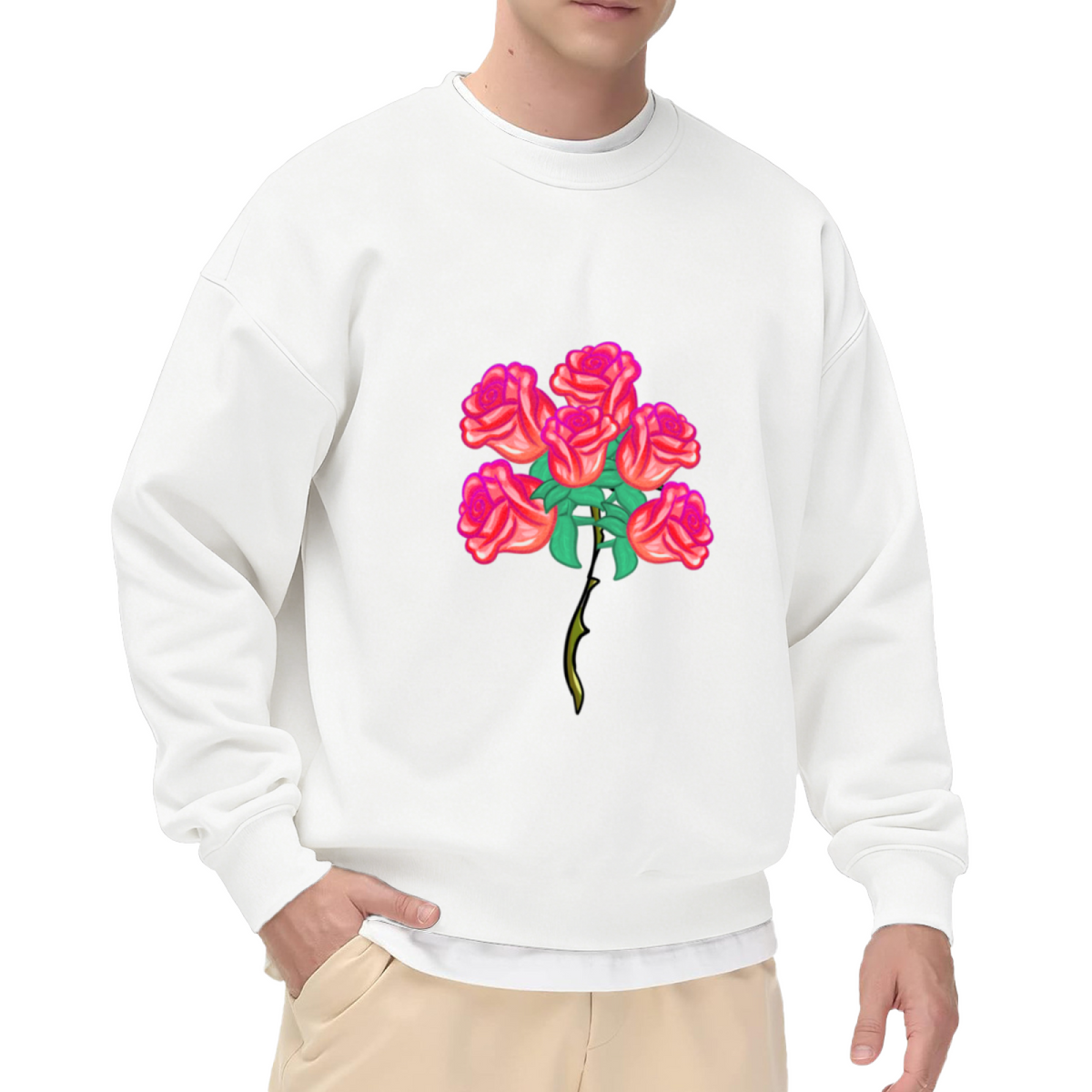 Pink Rose Bouquet Crewneck Sweatshirt | Vintage Floral Flower Pullover, Cartoon Rose Stem Graphic Top, Romantic Gift