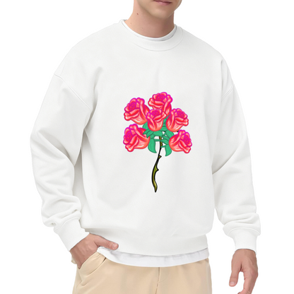 Pink Rose Bouquet Crewneck Sweatshirt | Vintage Floral Flower Pullover, Cartoon Rose Stem Graphic Top, Romantic Gift